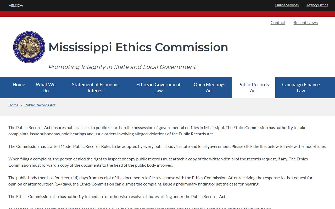 Mississippi Ethics Commission public records guidance for Forrest County clerk of court requests
