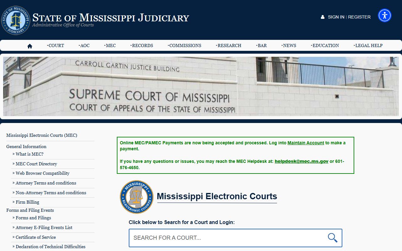 Mississippi Electronic Courts page for Forrest County court records access