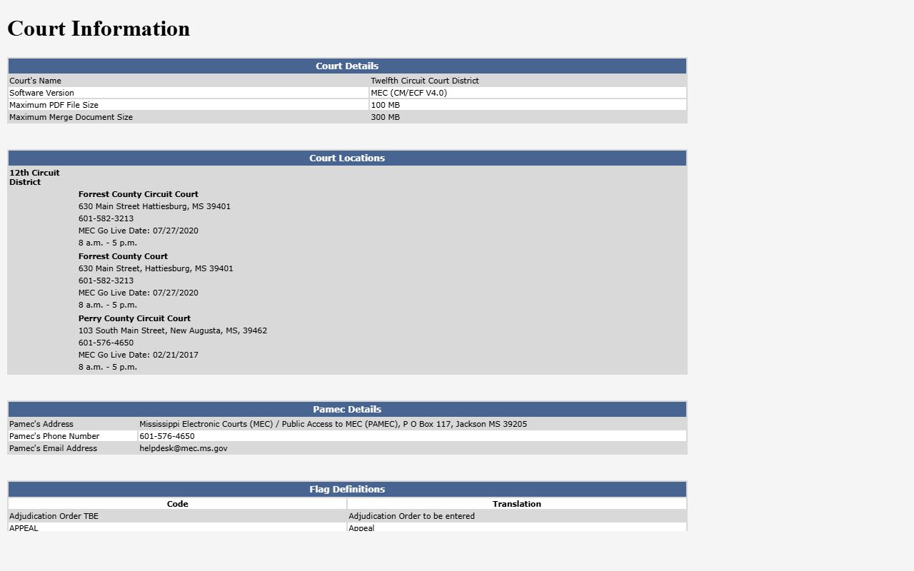 Forrest County criminal court records access through the Twelfth Circuit MEC court information page