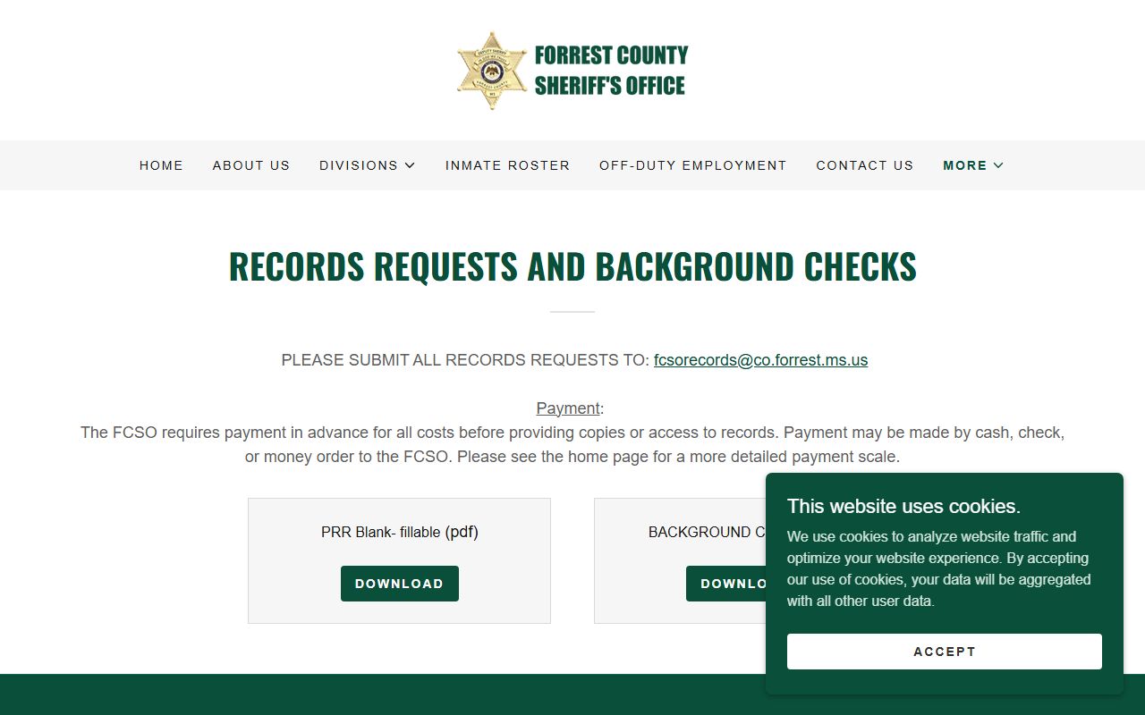 Forrest County criminal court records request page on the Sheriff's Office website