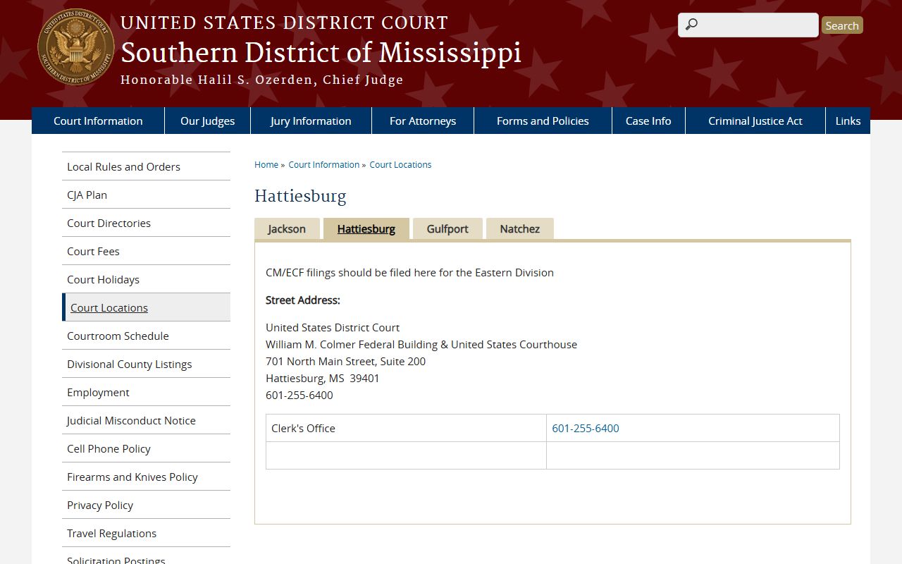 Forrest County area federal court page for the Hattiesburg courthouse, separate from the Circuit Court