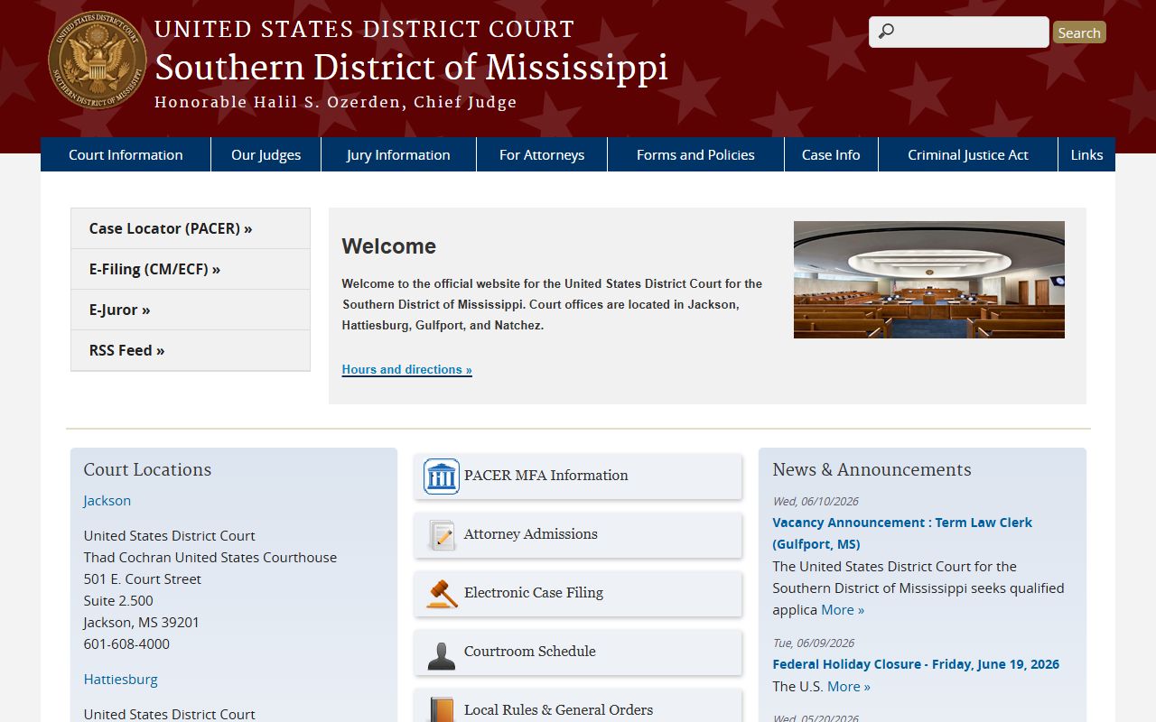 U.S. District Court Southern District of Mississippi homepage serving Forrest County federal cases