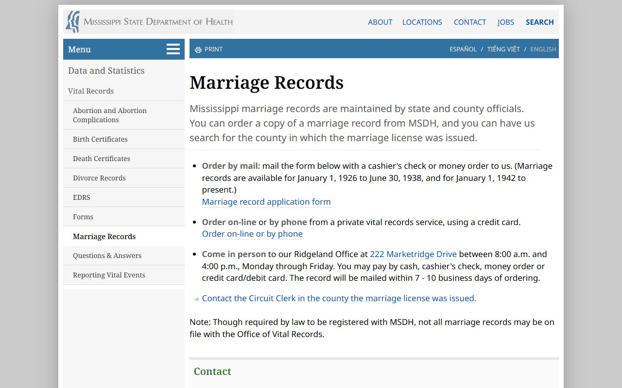 Forrest County marriage records order page at the Mississippi State Department of Health
