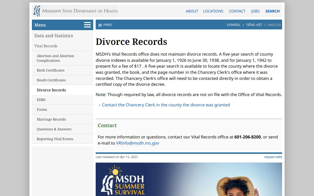 Mississippi State Department of Health divorce index search page for Forrest County records