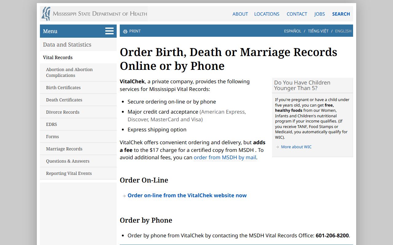 Mississippi online and phone ordering page for Forrest County marriage and divorce records