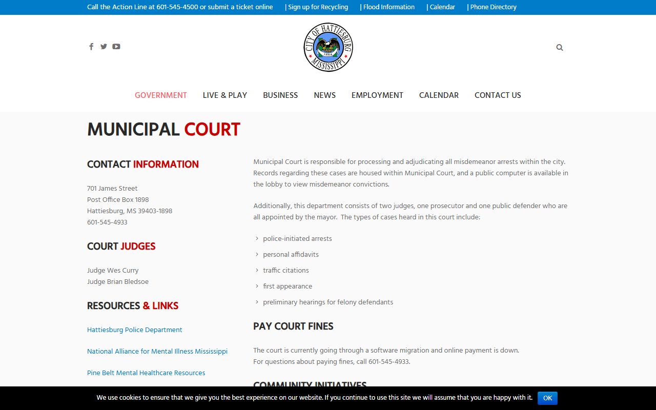 Forrest County traffic court records on the Hattiesburg Municipal Court page