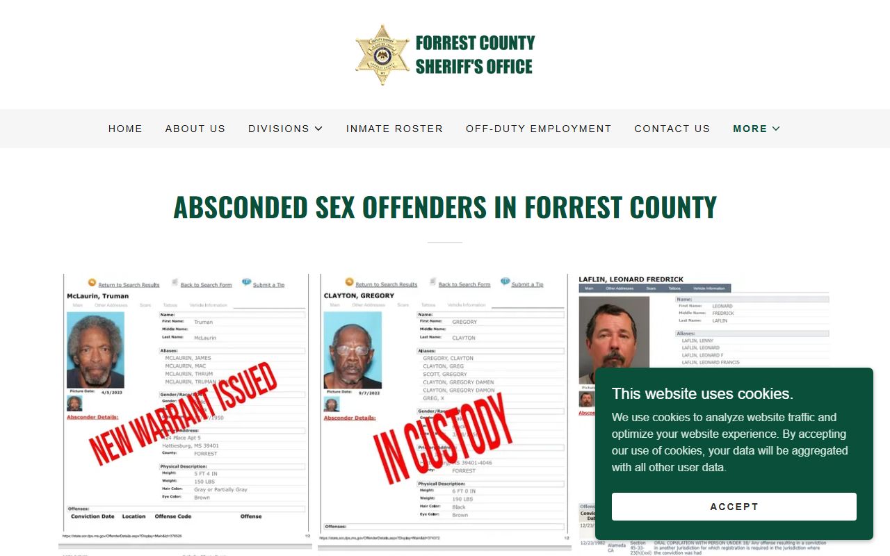 Forrest County warrant records on the Sheriff's Office Wanted page
